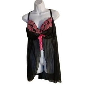 Cacique Lingerie Babydoll Black Pink Roses‎ Ribbon Sheer Sleepwear Size 14/16